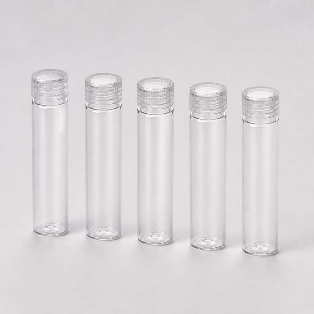 Cinq tubes vides transparents de dix millilitres sur fond clair