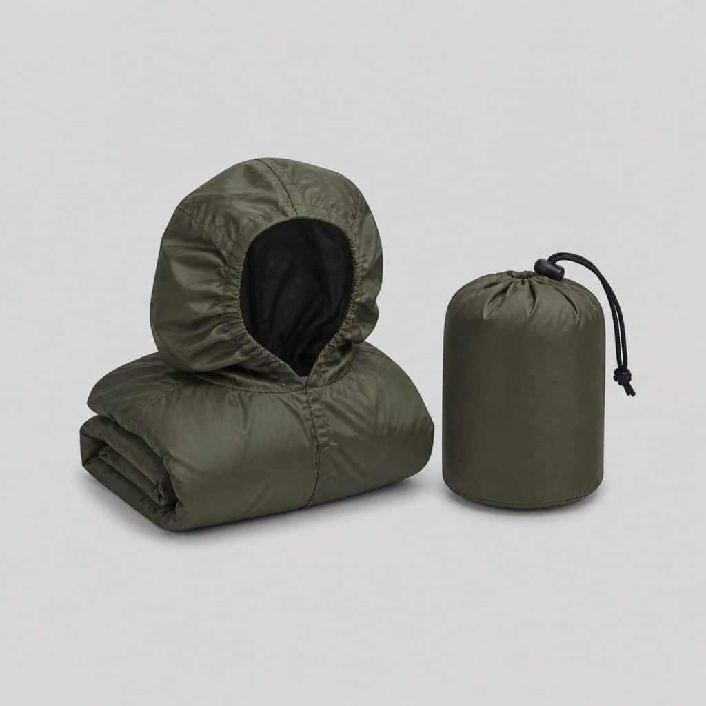 Housse de pluie vert armée pliée à côté de sa pochette