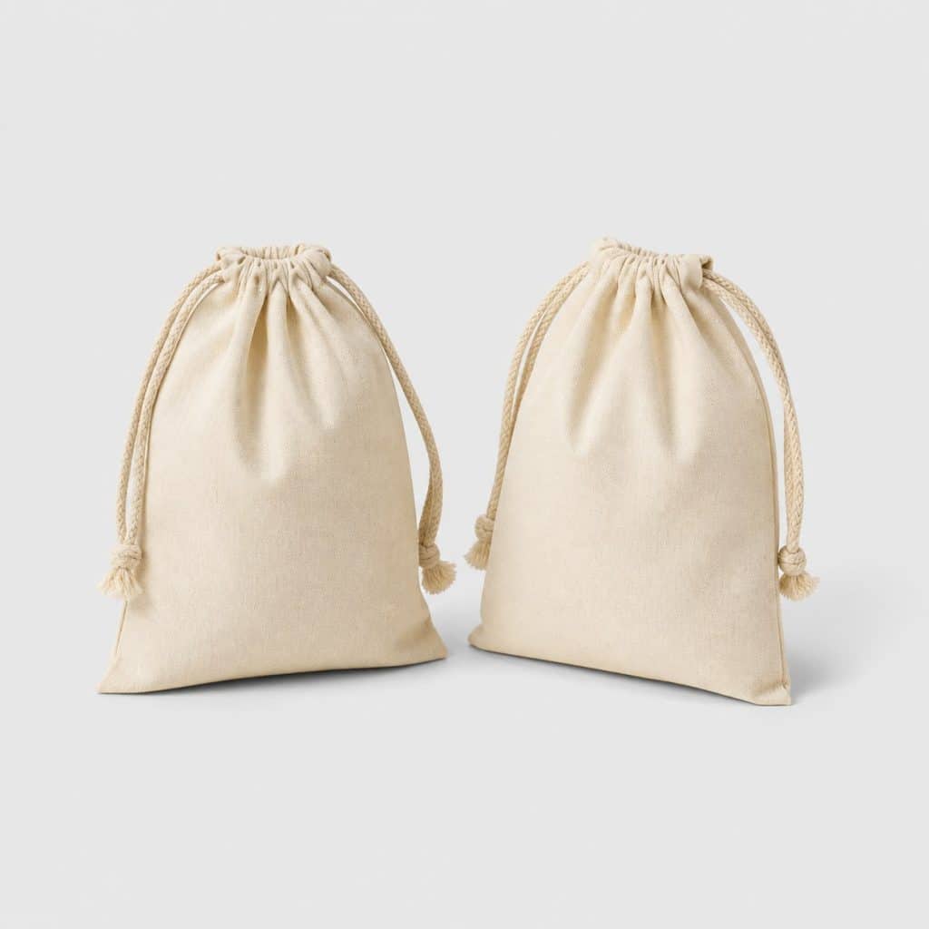 Lot de deux petits sacs en toile à cordon sur fond clair