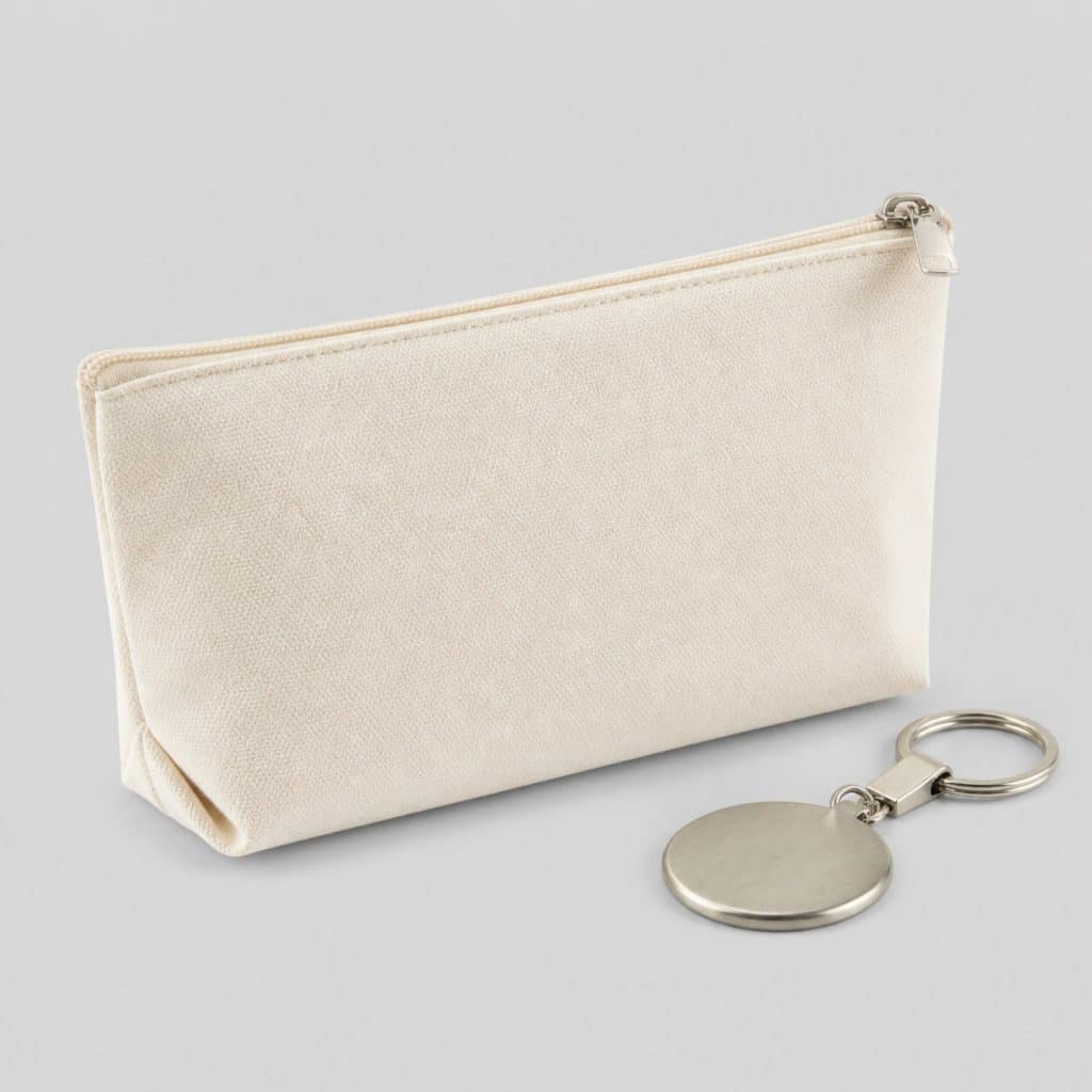 Trousse en toile et porte-clés en acier posés sur fond clair