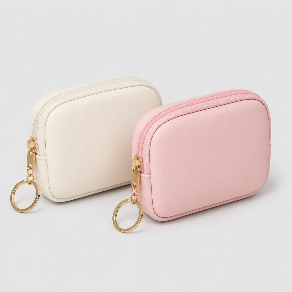 Lot de deux trousses de maquillage portables avec porte-clés sur fond clair