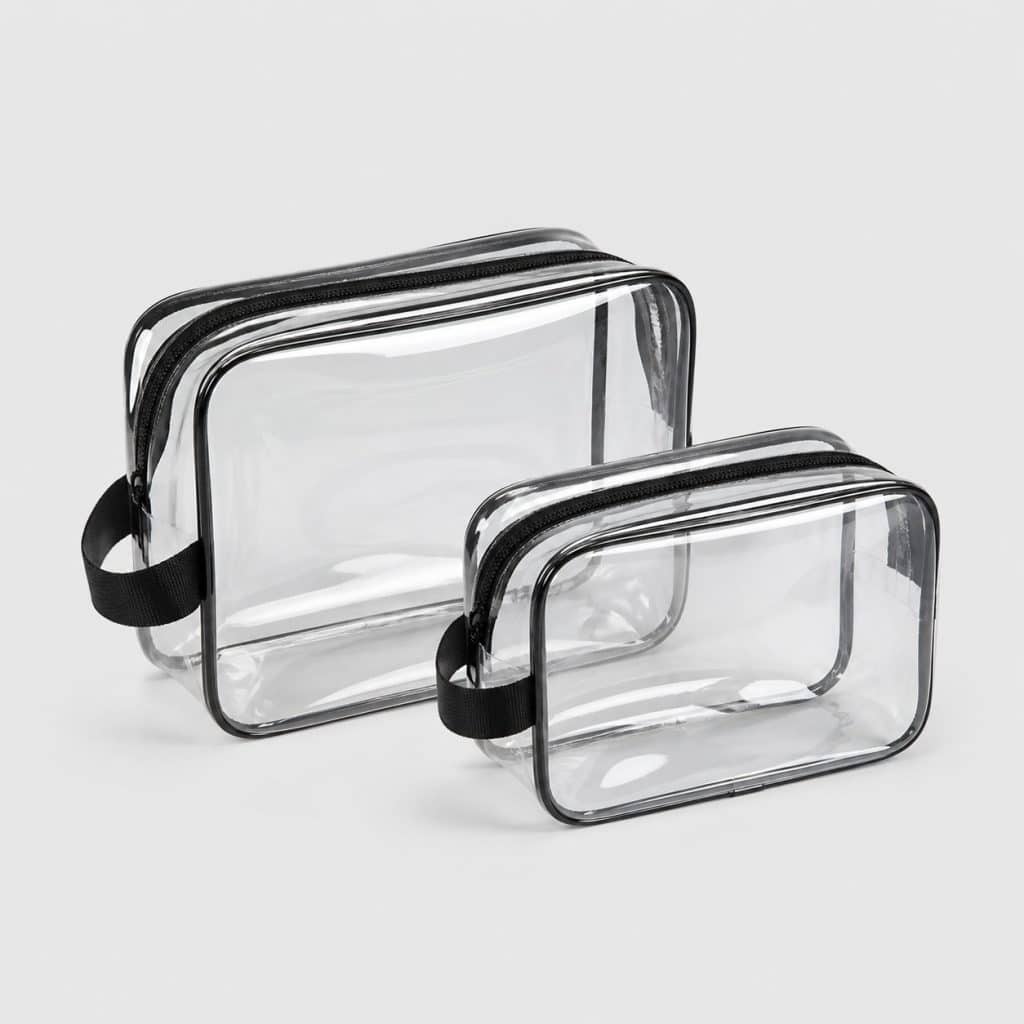 Lot de deux trousses de toilette transparentes en PVC sur fond clair