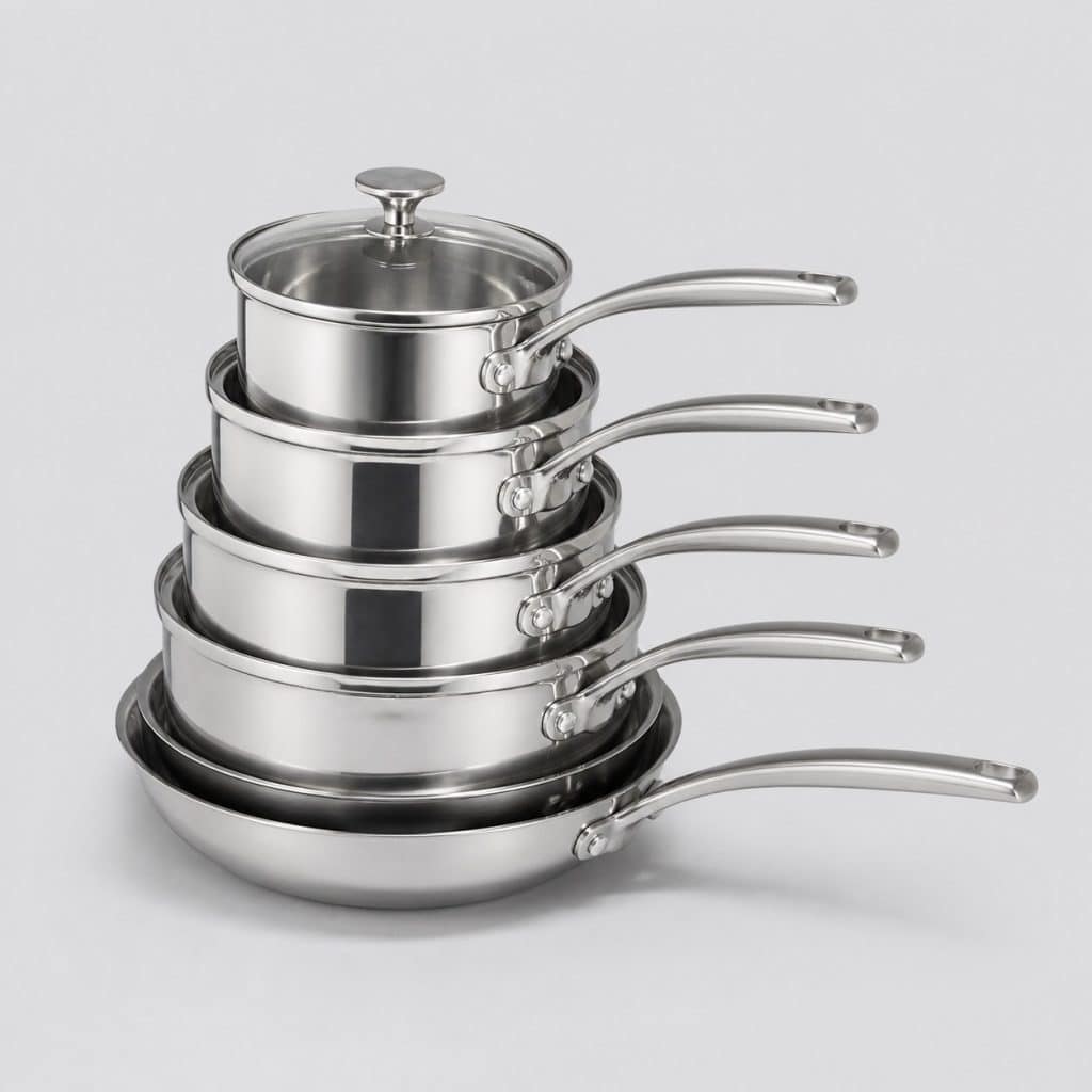 Set de casseroles et poêle inox empilées sur fond clair