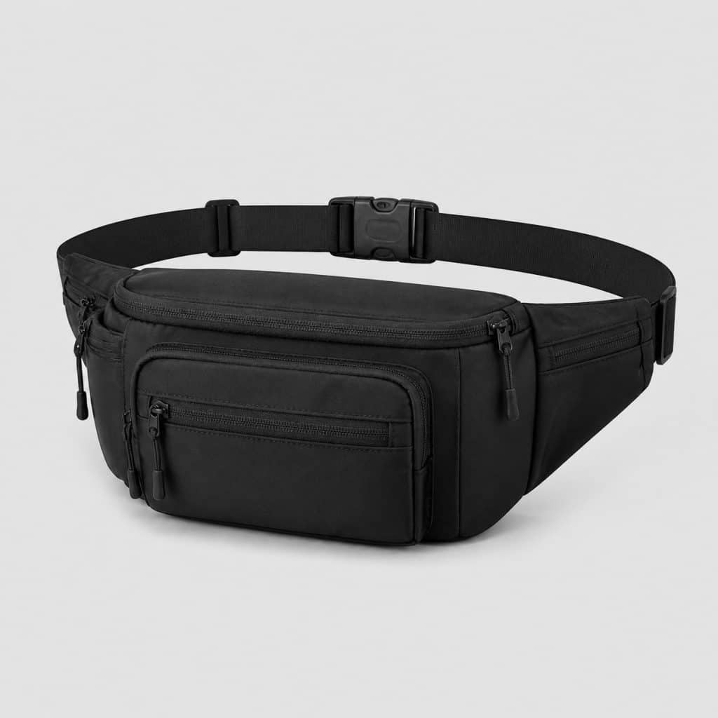 Sac de taille dissimulé avec plusieurs compartiments sur fond clair