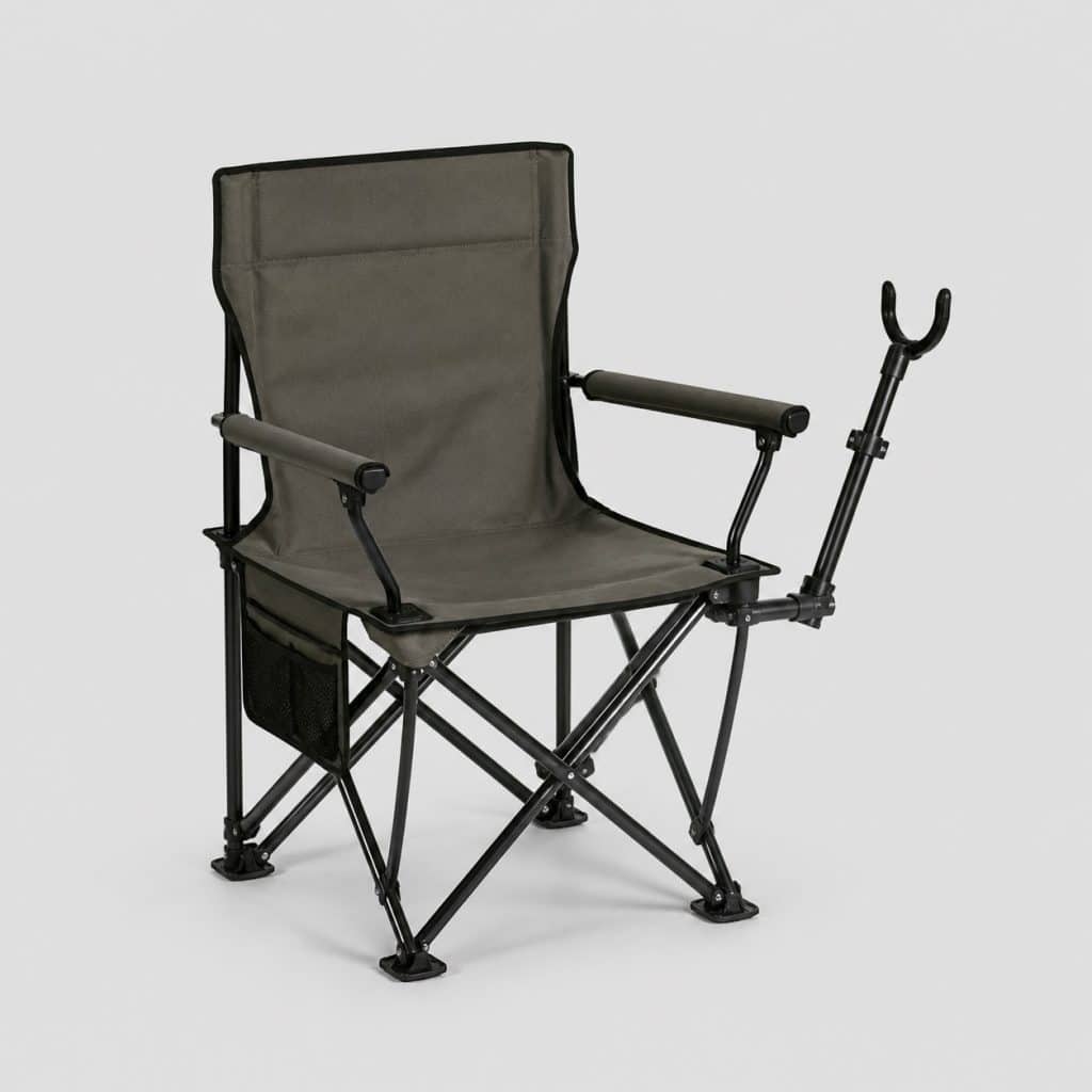 Chaise de pêche pliante avec support de canne intégré sur fond clair