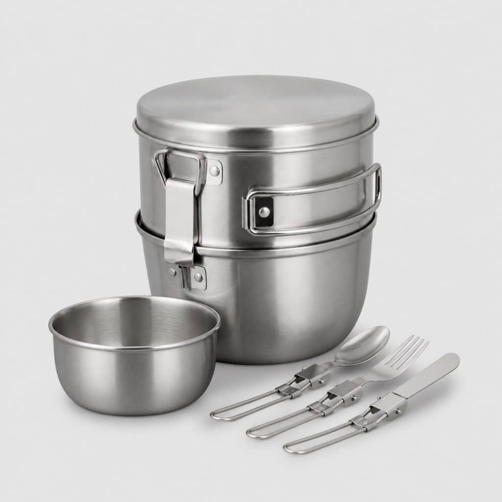 Popote inox complète avec couvert, bol et couvercle sur fond clair