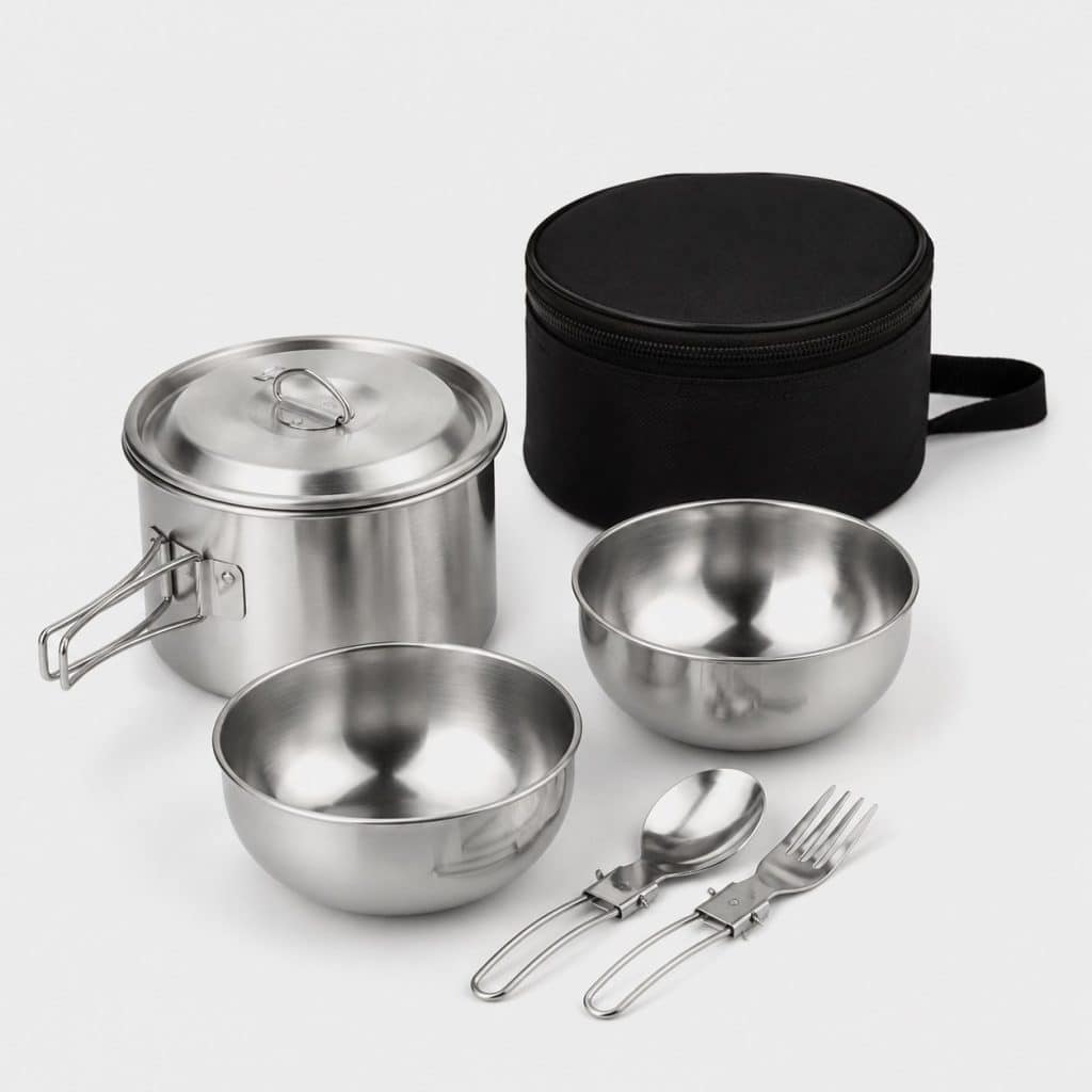 Popote inox pour deux personnes avec bols et housse sur fond clair