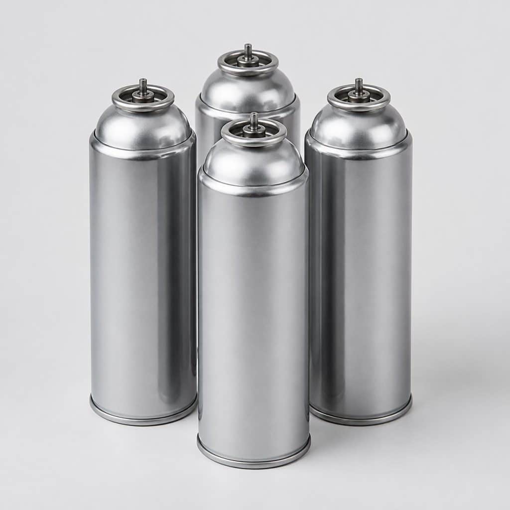 Quatre cartouches de gaz identiques sur fond clair