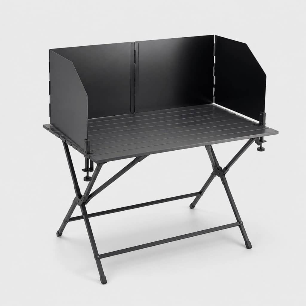 Pare-vent ajustable en acier peint fixé sur une table pliante
